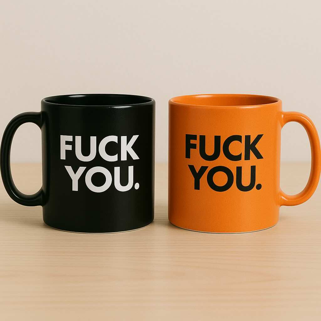 FUCK YOU coffee mugs in black and orange